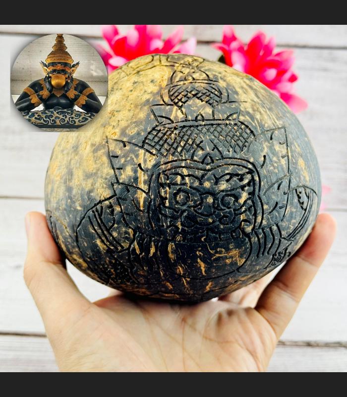 Coconut Shell Rahu Eat Moon Gambling Win Money Watsrisatong Thai Amulet #16813